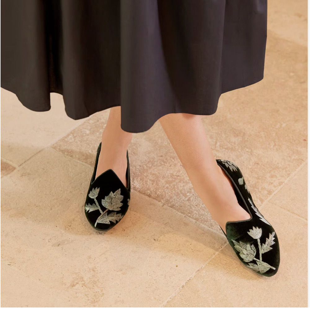 Birdies The Heron Flat 8 Jade Green Velvet Embroidered Almond Toe Floral NWOB